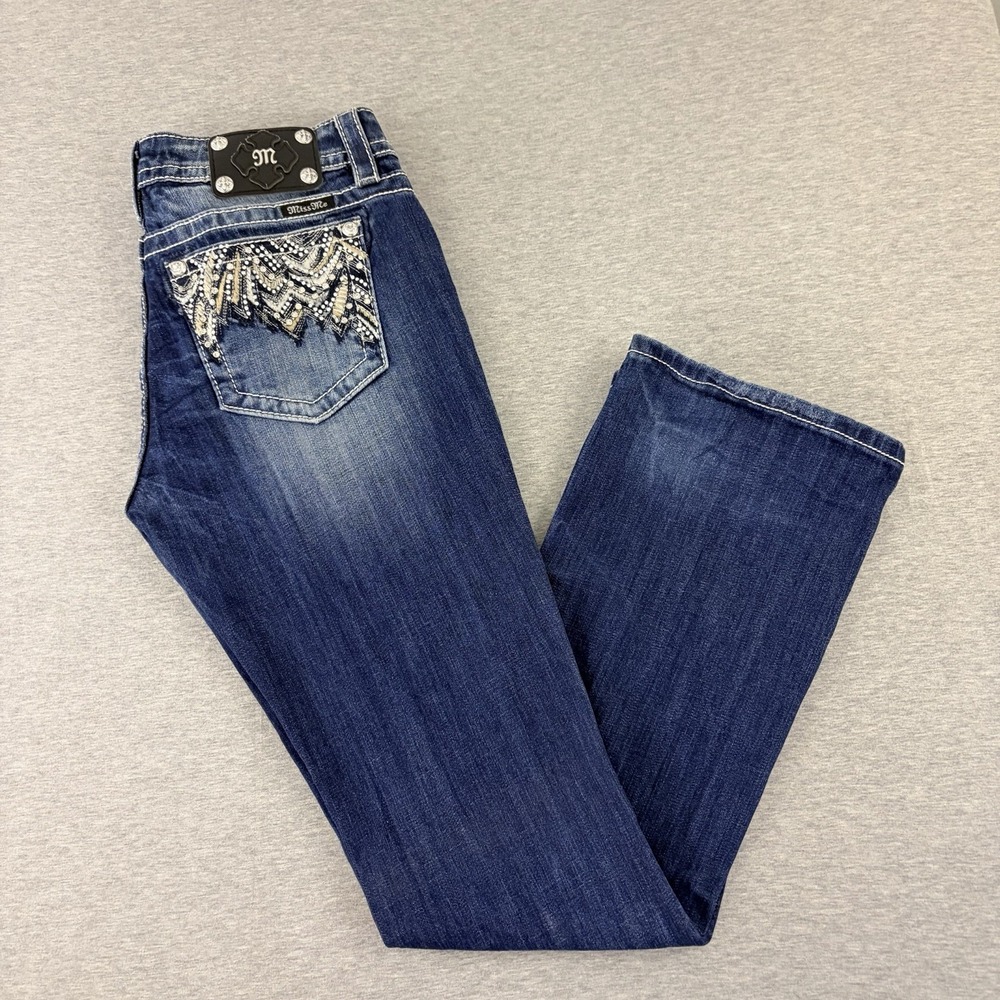 Miss Me Women's Signature Boot Jeans Size 30 Embellished Rhinestone Dark Wash 34